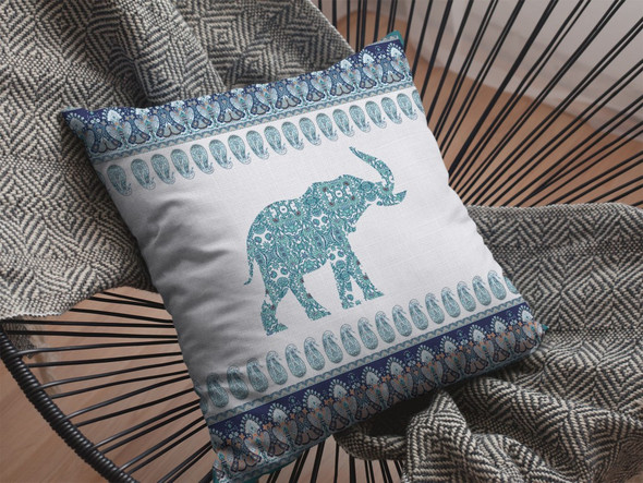 16 Teal Ornate Elephant Indoor Outdoor Zippered Throw Pillow