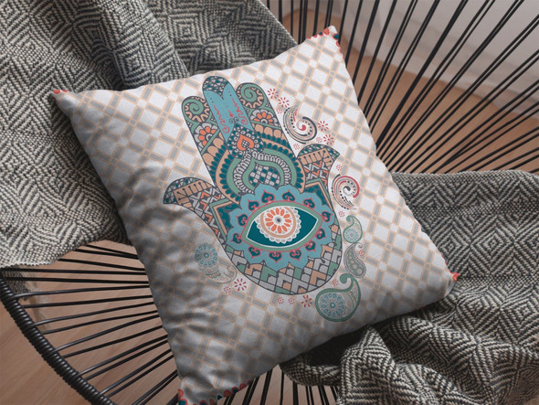 26 Blue Gray Hamsa Indoor Outdoor Zippered Throw Pillow