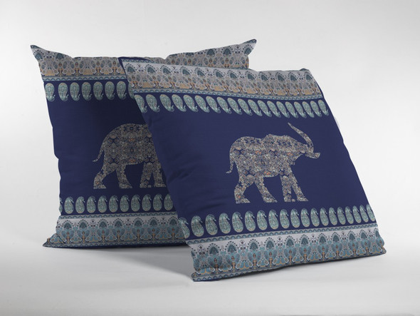 20 Navy Ornate Elephant Indoor Outdoor Zippered Throw Pillow