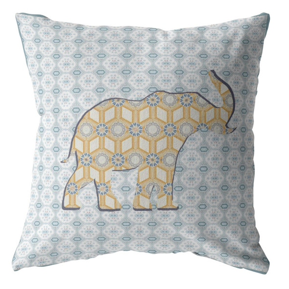 20" Blue Yellow Elephant Indoor Outdoor Zip Throw Pillow