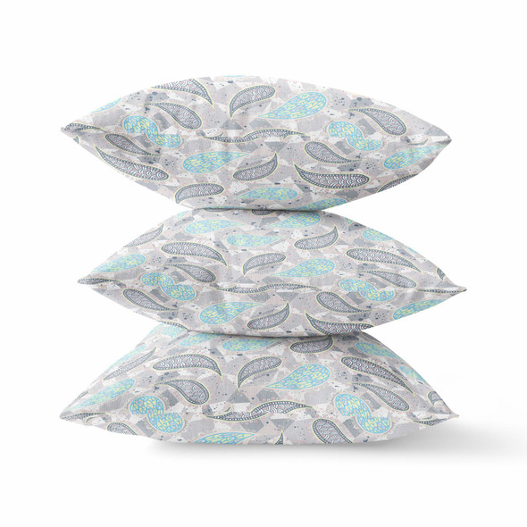 20 Gray Turquoise Boho Paisley Indoor Outdoor Throw Pillow