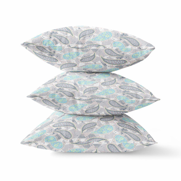 26 Gray Turquoise Boho Paisley Indoor Outdoor Throw Pillow