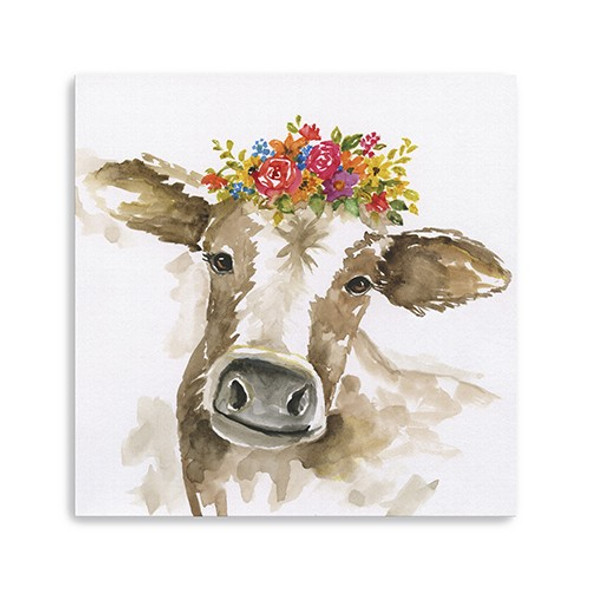 20" Watercolor Floral Cow Canvas Wall Art