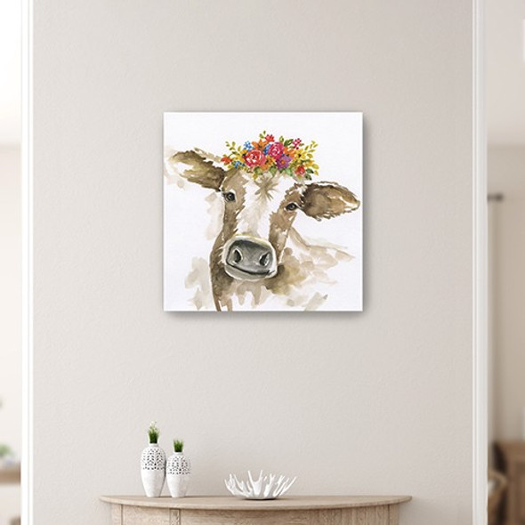 20" Watercolor Floral Cow Canvas Wall Art