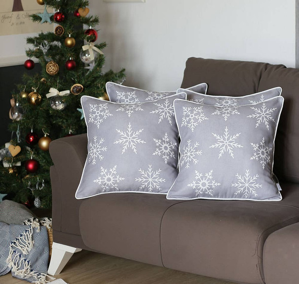 Set of 4 Gray and White Snowflakes Throw Pillows