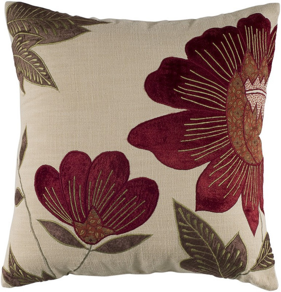 Red Beige Floral Down Filled Throw Pillow