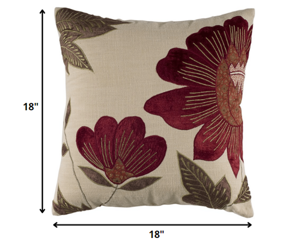 Red Beige Floral Down Filled Throw Pillow