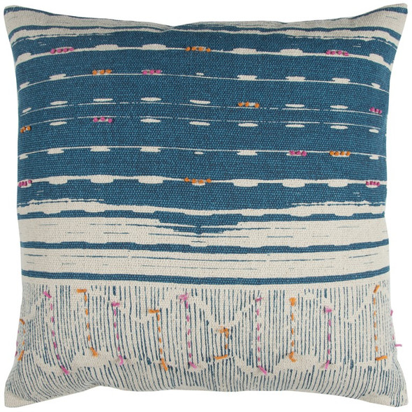 Teal White Kantha Stitch and Knots Throw Pillow