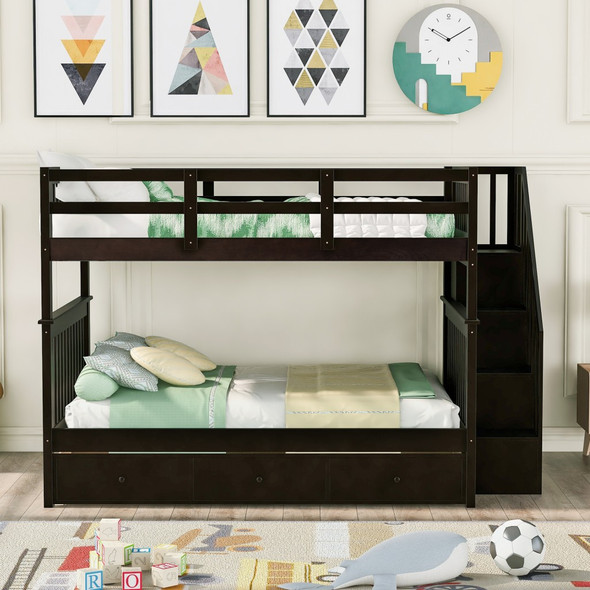 Brown Double Full Size Stairway Bunk Bed With Drawer