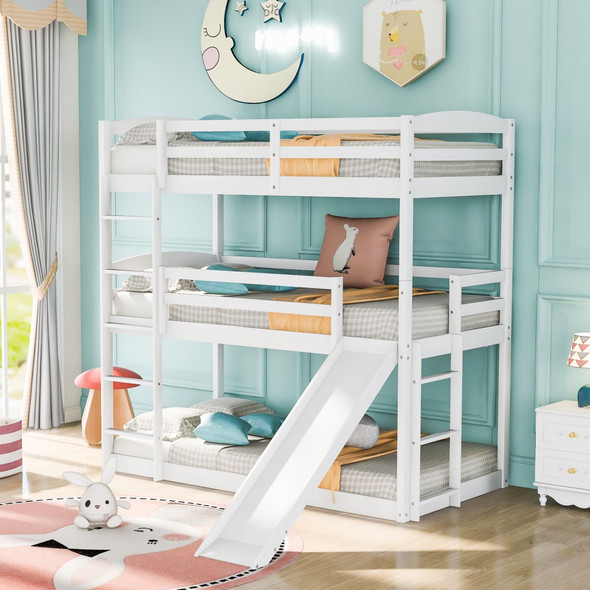 White Triple Bunk Twin Sized Bed with Slide