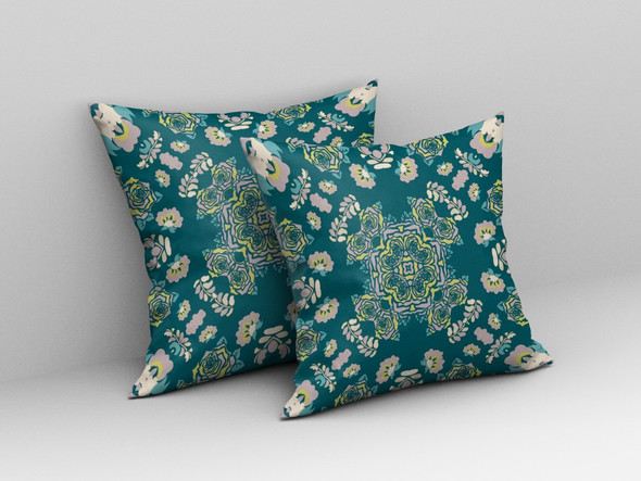 16 Teal Yellow Wreath Indoor Outdoor Zippered Throw Pillow