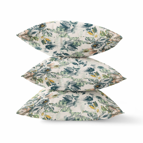 26 White Green Florals Indoor Outdoor Zippered Throw Pillow