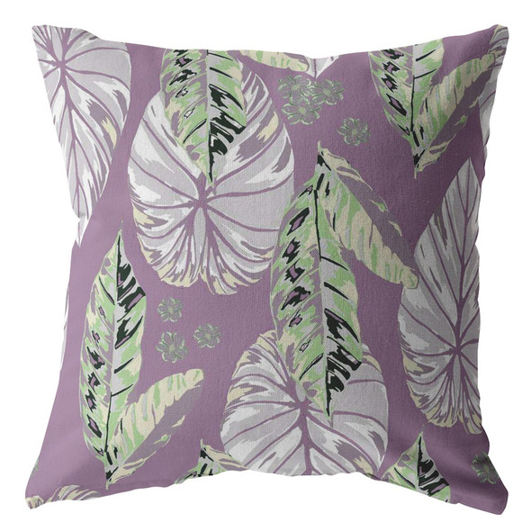16 White Purple Tropical Leaf Indoor Outdoor Throw Pillow