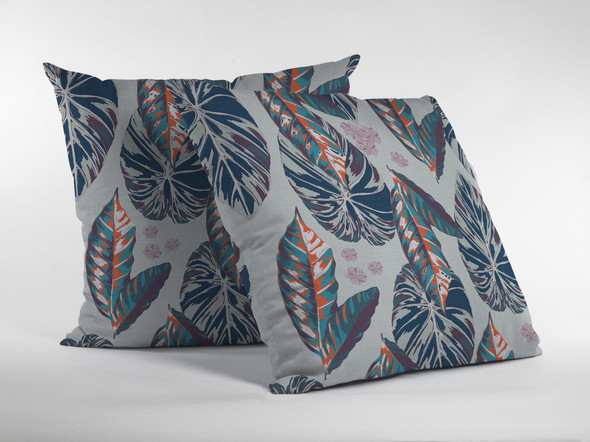 26 Blue Gray Tropical Leaf Indoor Outdoor Throw Pillow