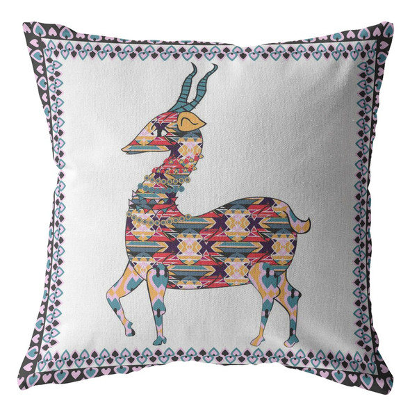 26" Blue White Boho Deer Indoor Outdoor Zippered Throw Pillow