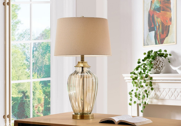 Golden Hue Glass Table Lamp with Cream Fabric Shade