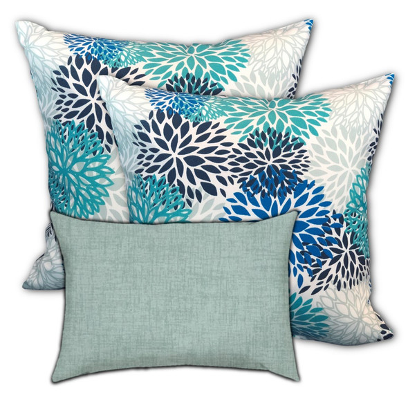 Set of 3 Seafoam Blooms Indoor Outdoor Zippered Pillow Covers