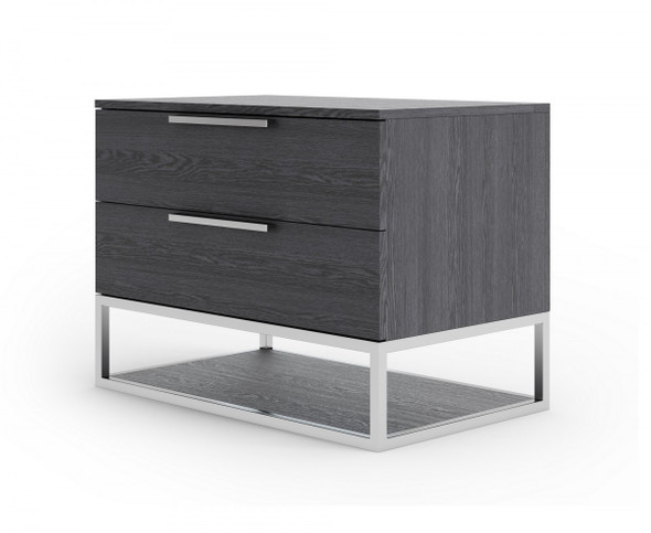 Contemporary Elm Gray and Stainless Steel Nightstand with Two Drawers