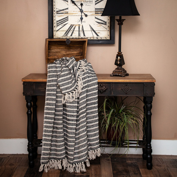 Black and Beige Striped Woven Handloom Throw Blanket