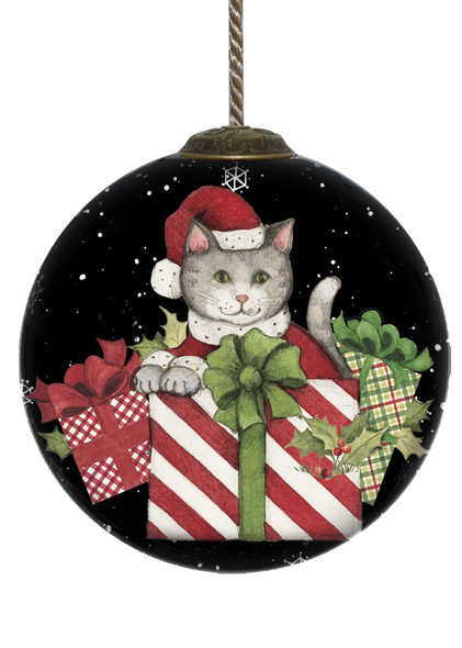 Christmas Cat with Presents Hand Painted Mouth Blown Glass Ornament