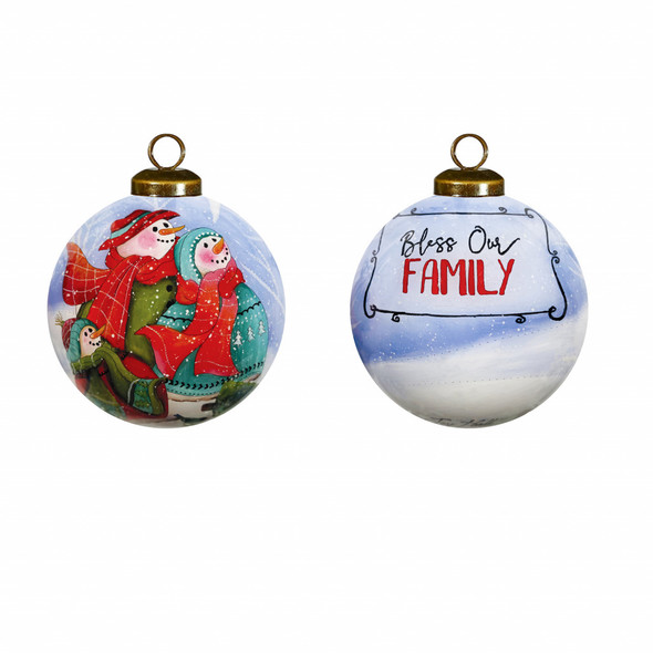 Snowman Family Bless Our Family Wordings Hand Painted Mouth Blown Glass Ornament