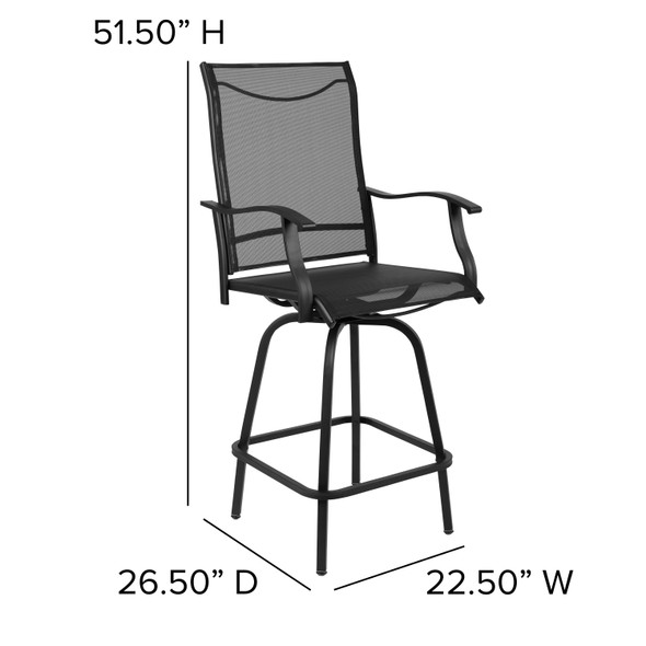 Valerie Patio Bar Height Stools Set of 2, All-Weather Textilene Swivel Patio Stools with High Back & Armrests in Black