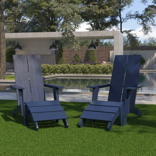 Set of 2 Sawyer Modern All-Weather Poly Resin Wood Adirondack Chairs with Foot Rests in Navy