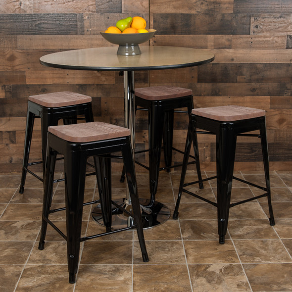 Cierra 24" High Metal Counter-Height, Indoor Bar Stool with Wood Seat in Black - Stackable Set of 4