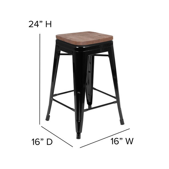 Cierra 24" High Metal Counter-Height, Indoor Bar Stool with Wood Seat in Black - Stackable Set of 4