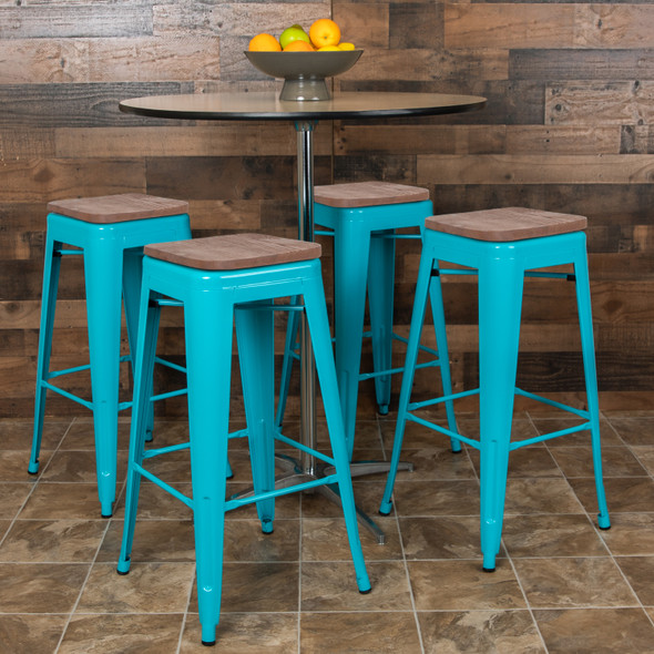 Cierra 30" High Metal Indoor Bar Stool with Wood Seat in Teal - Stackable Set of 4