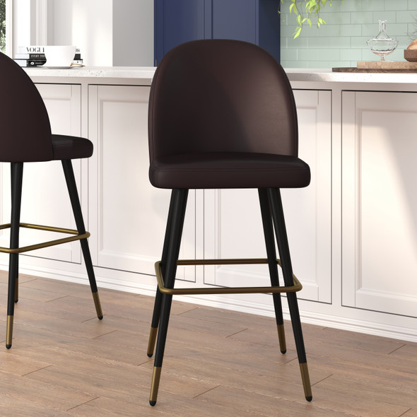 Lyla 30" Commercial Grade High Back Modern Armless Barstools with Contoured Backrest, Steel Frame and Integrated Footrest, Brown LeatherSoft-Set of 2