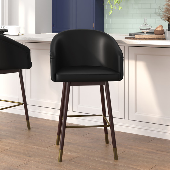 Margo 26" Commercial Grade Mid-Back Modern Counter Stool with Walnut Finish Beechwood Legs and Contoured Back, Black LeatherSoft/Bronze Accents