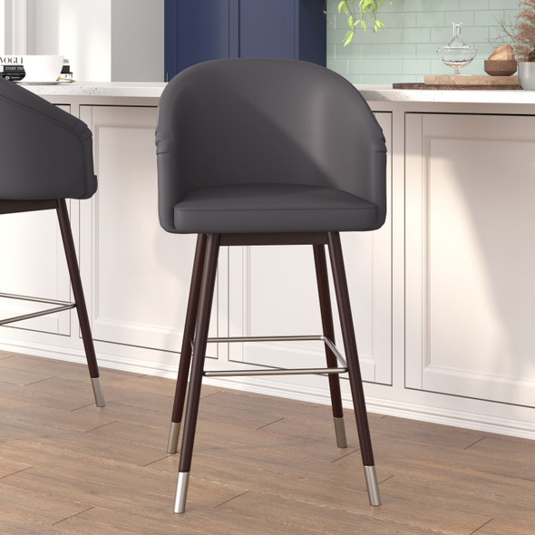 Margo 30" Commercial Grade Mid-Back Modern Barstool with Walnut Finish Beechwood Legs and Curved Back, Gray LeatherSoft/Silver Accents