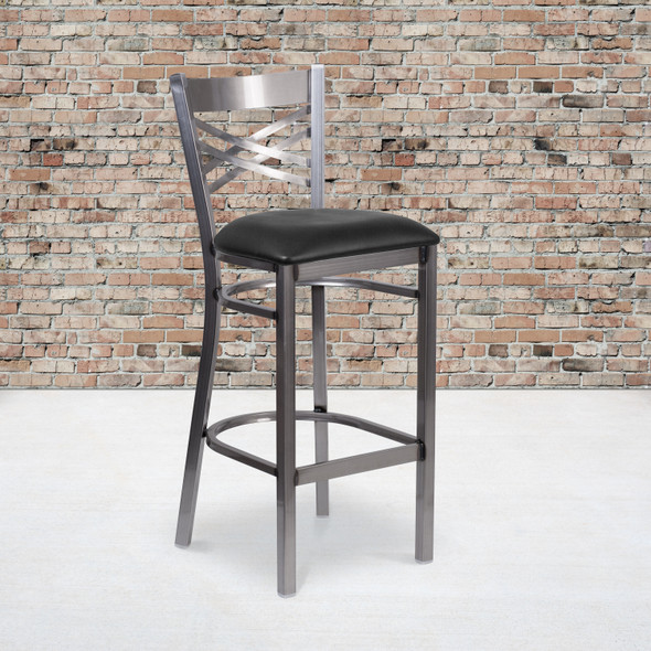 HERCULES Series Clear Coated ''X'' Back Metal Restaurant Barstool - Black Vinyl Seat