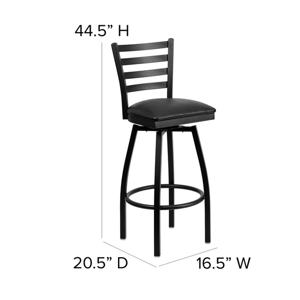 HERCULES Series Black Ladder Back Swivel Metal Barstool - Black Vinyl Seat