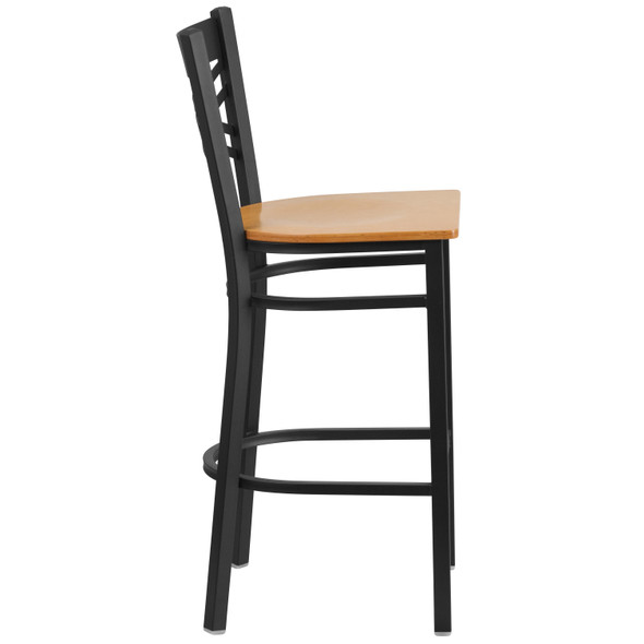 HERCULES Series Black ''X'' Back Metal Restaurant Barstool - Natural Wood Seat