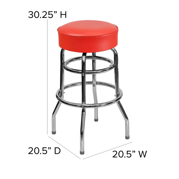 Bruno Double Ring Chrome Barstool with Red Seat