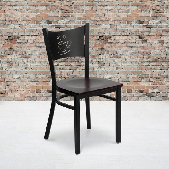 HERCULES Series Black Coffee Back Metal Restaurant Chair - Mahogany Wood Seat