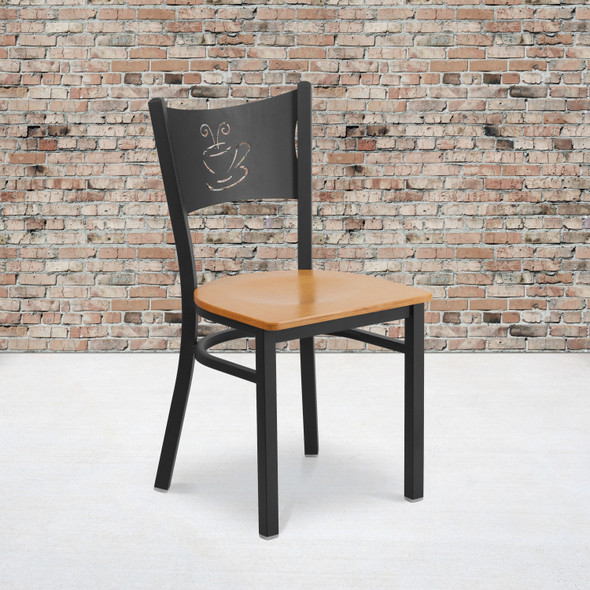 HERCULES Series Black Coffee Back Metal Restaurant Chair - Natural Wood Seat