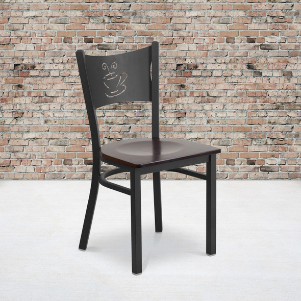 HERCULES Series Black Coffee Back Metal Restaurant Chair - Walnut Wood Seat