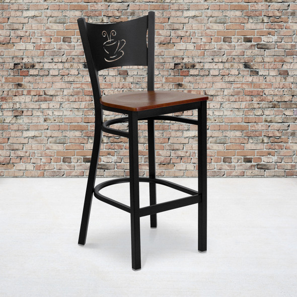HERCULES Series Black Coffee Back Metal Restaurant Barstool - Cherry Wood Seat