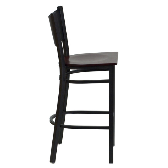 HERCULES Series Black Coffee Back Metal Restaurant Barstool - Mahogany Wood Seat