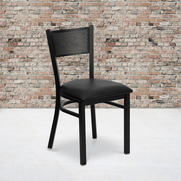 HERCULES Series Black Grid Back Metal Restaurant Chair - Black Vinyl Seat