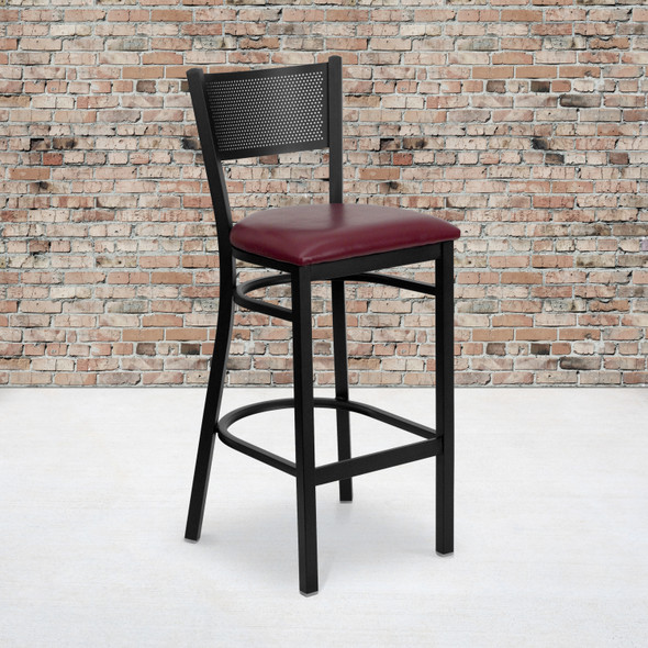 HERCULES Series Black Grid Back Metal Restaurant Barstool - Burgundy Vinyl Seat