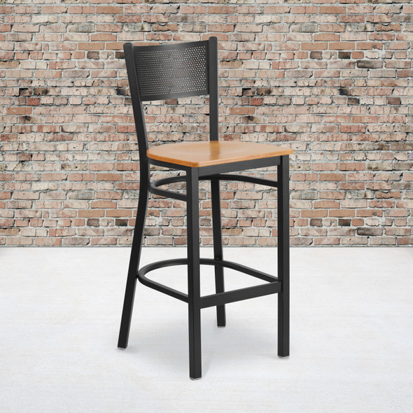 HERCULES Series Black Grid Back Metal Restaurant Barstool - Natural Wood Seat