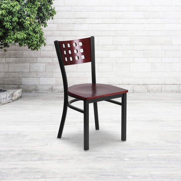 HERCULES Series Black Cutout Back Metal Restaurant Chair - Mahogany Wood Back & Seat