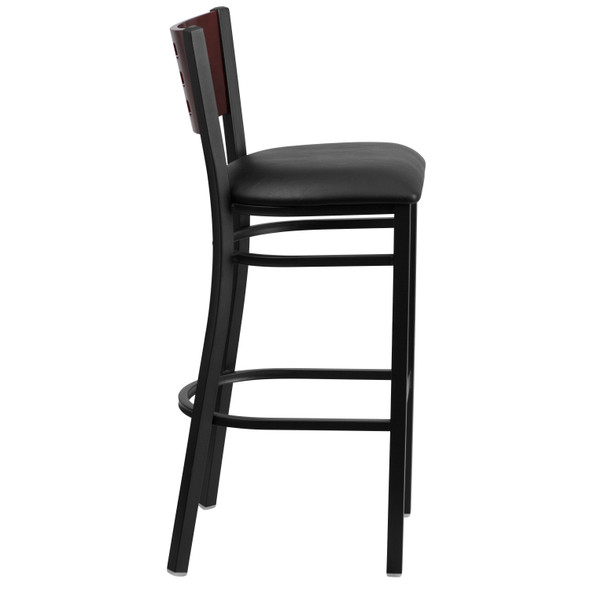 HERCULES Series Black Cutout Back Metal Restaurant Barstool - Mahogany Wood Back, Black Vinyl Seat