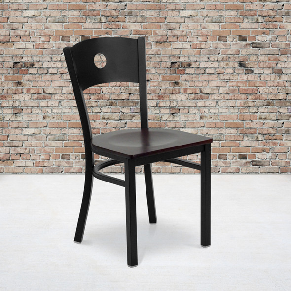 HERCULES Series Black Circle Back Metal Restaurant Chair - Mahogany Wood Seat