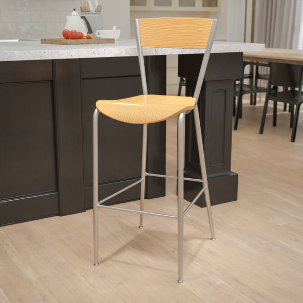 Invincible Series Silver Metal Restaurant Barstool - Natural Wood Back & Seat