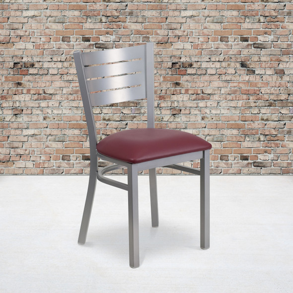 HERCULES Series Silver Slat Back Metal Restaurant Chair - Burgundy Vinyl Seat